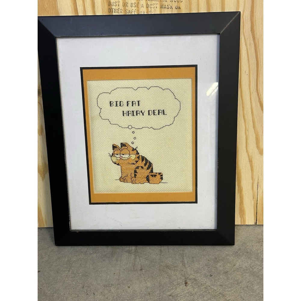 Completed Cross stitch vintage Garfield Picture Framed 'Big Fat Hairy Deal'